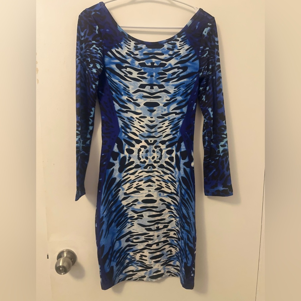 Elegant Blue Patterned Long Sleeve Dress
